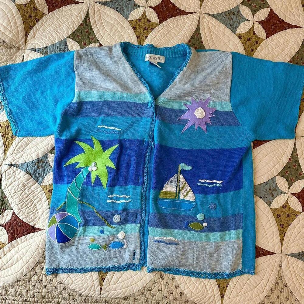 Unique vintage blue sailboat short sleeve knit grandma cardigan